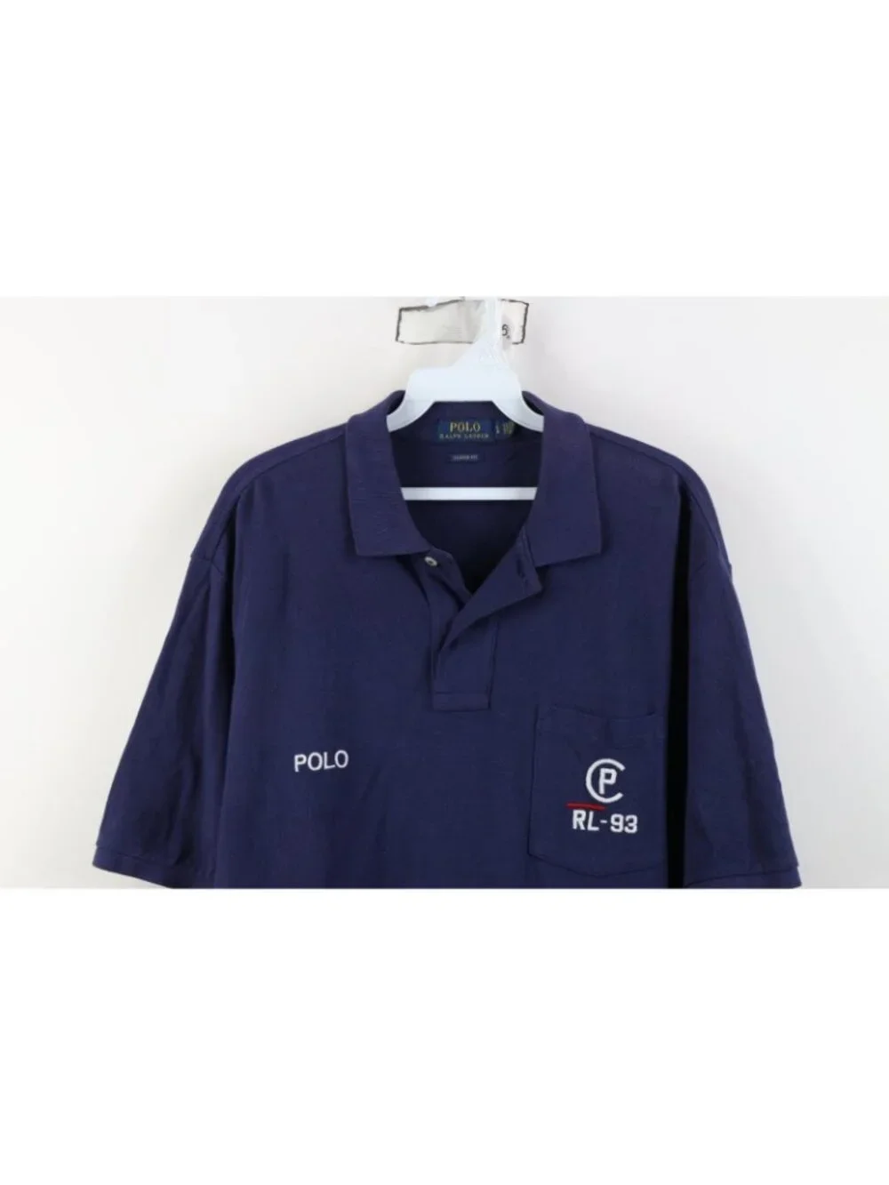 Vintage Ralph Lauren Mens Large Spell Out CP RL 93 Collared Golf Polo Shirt Blue